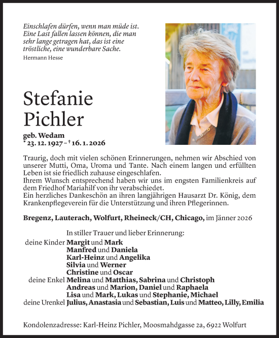 Todesanzeige von Stefanie Pichler von Vorarlberger Nachrichten