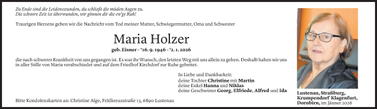 Todesanzeige von Maria Holzer von Vorarlberger Nachrichten
