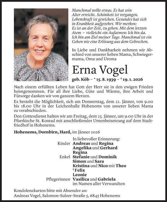 Todesanzeige von Erna Vogel von Vorarlberger Nachrichten