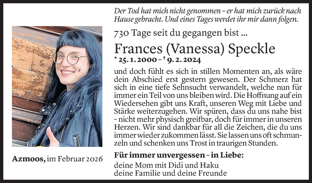  Todesanzeige für Frances Speckle vom 08.02.2026 aus Vorarlberger Nachrichten