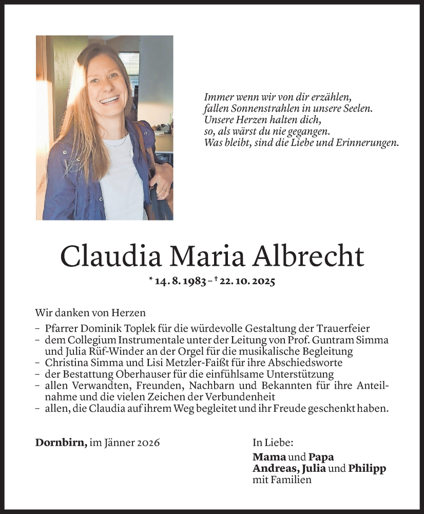  Todesanzeige für Claudia Maria Albrecht vom 23.01.2026 aus Vorarlberger Nachrichten