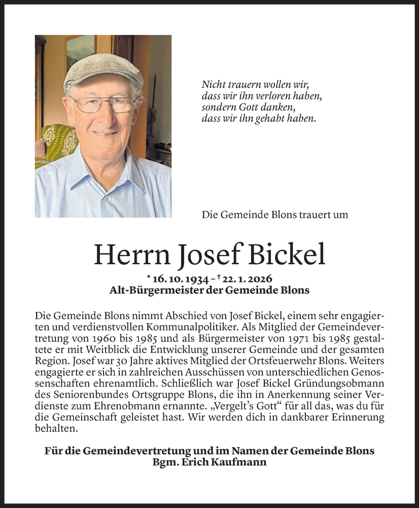  Todesanzeige für Josef Bickel vom 23.01.2026 aus Vorarlberger Nachrichten