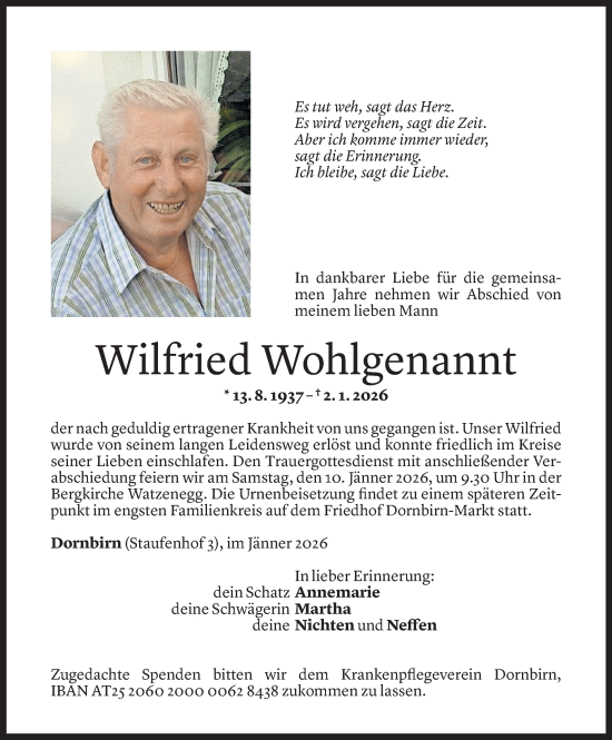 Todesanzeige von Wilfried Wohlgenannt von Vorarlberger Nachrichten