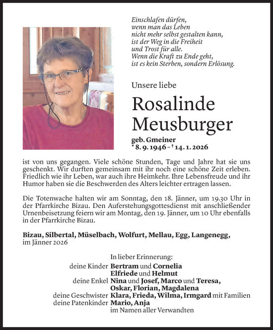 Todesanzeige von Rosalinde Meusburger von Vorarlberger Nachrichten