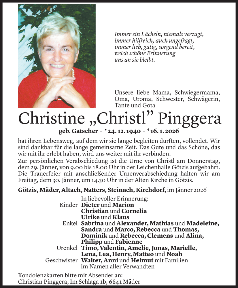  Todesanzeige für Christine Pinggera vom 23.01.2026 aus Vorarlberger Nachrichten