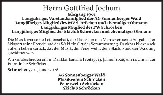 Todesanzeige von Gottfried Jochum von Vorarlberger Nachrichten