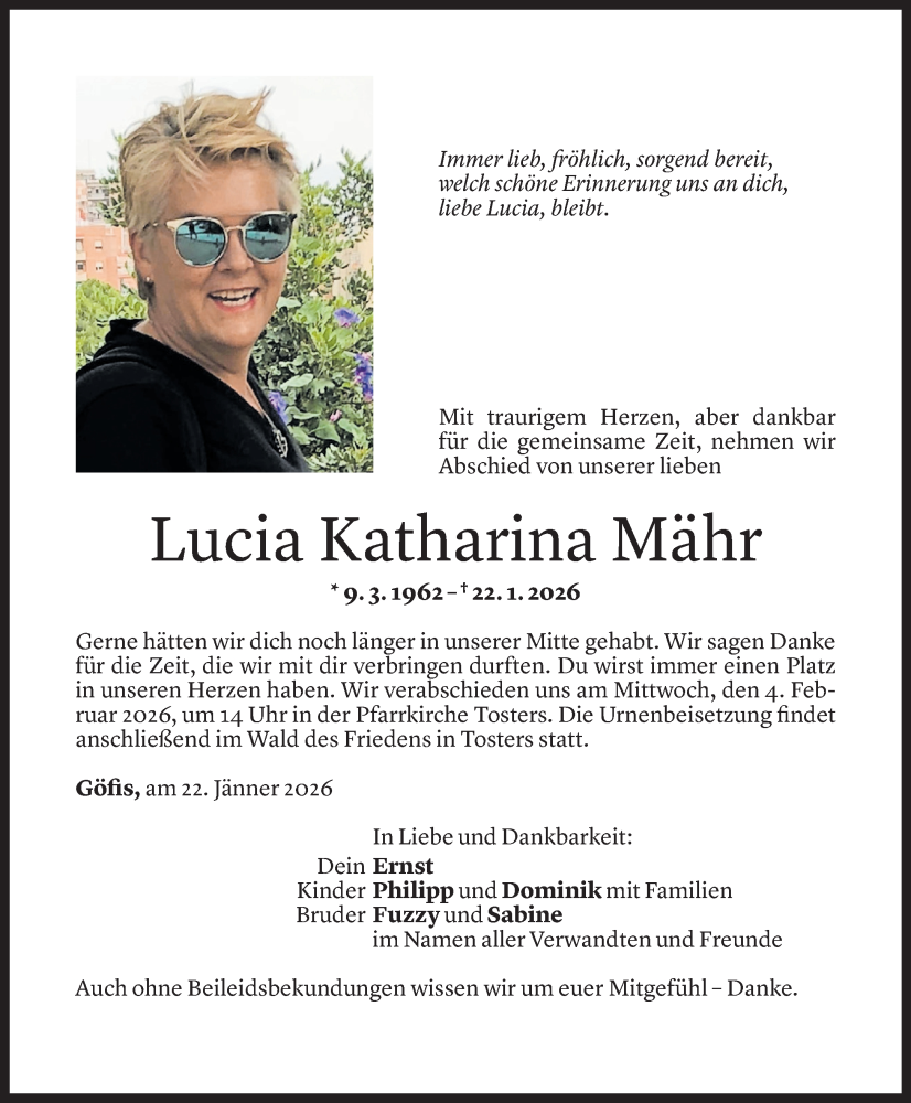  Todesanzeige für Lucia Katharina Mähr vom 27.01.2026 aus Vorarlberger Nachrichten