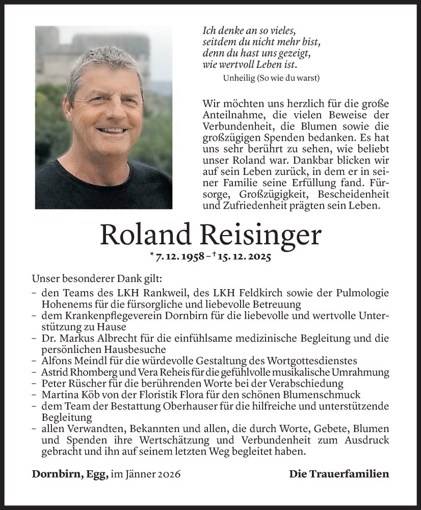 Todesanzeige für Roland Reisinger vom 16.01.2026 aus Vorarlberger Nachrichten