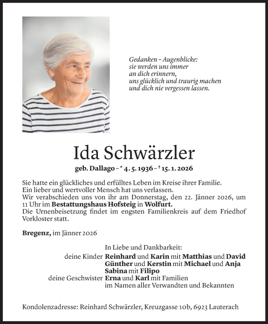 Todesanzeige von Ida Schwärzler von Vorarlberger Nachrichten