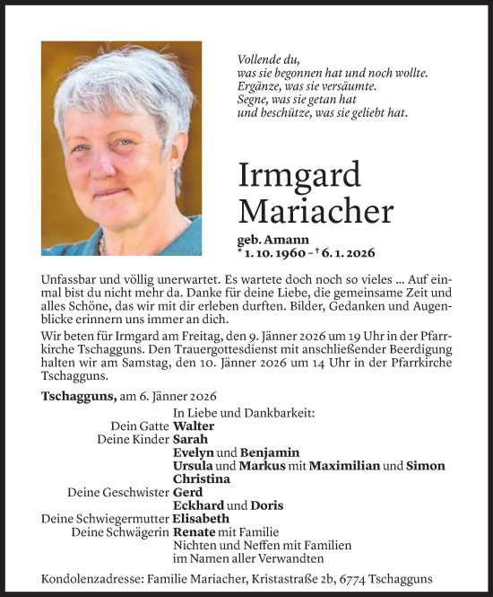 Todesanzeige von Irmgard Mariacher von Vorarlberger Nachrichten