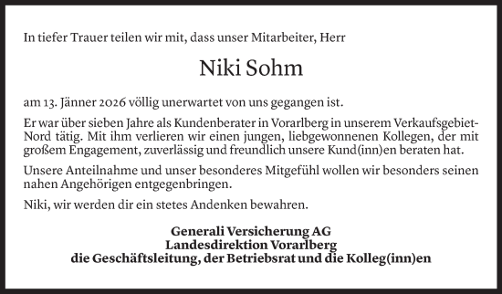 Todesanzeige von Nikolas Sohm von Vorarlberger Nachrichten