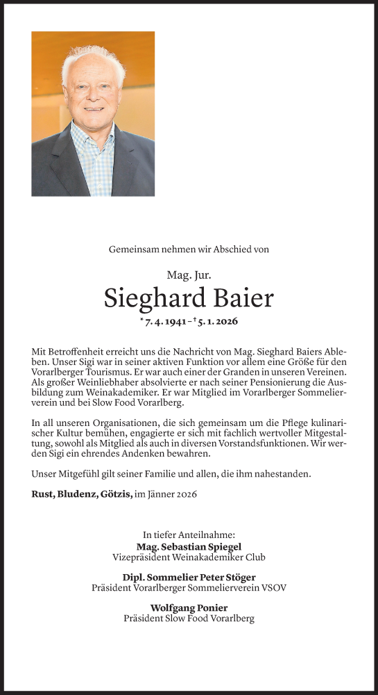 Todesanzeige von Sieghard Baier von Vorarlberger Nachrichten