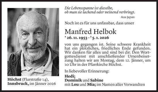 Todesanzeige von Manfred Helbok von Vorarlberger Nachrichten