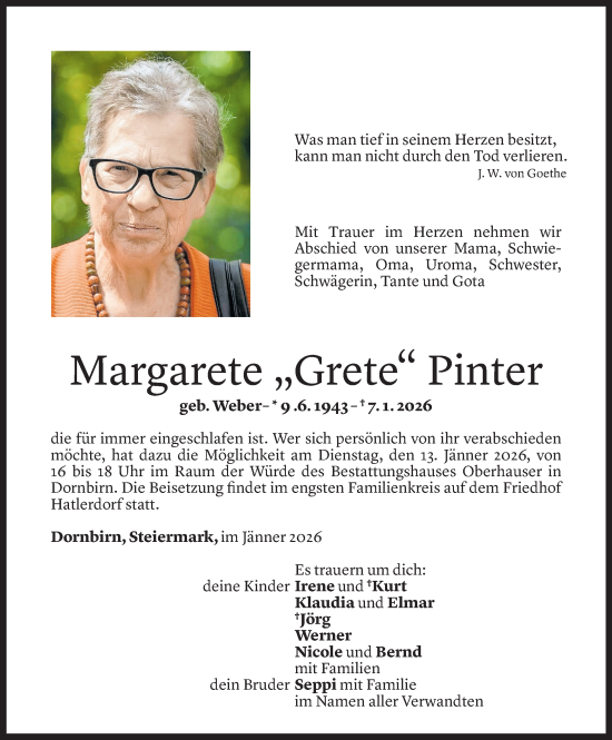 Todesanzeige von Margarete Pinter von Vorarlberger Nachrichten