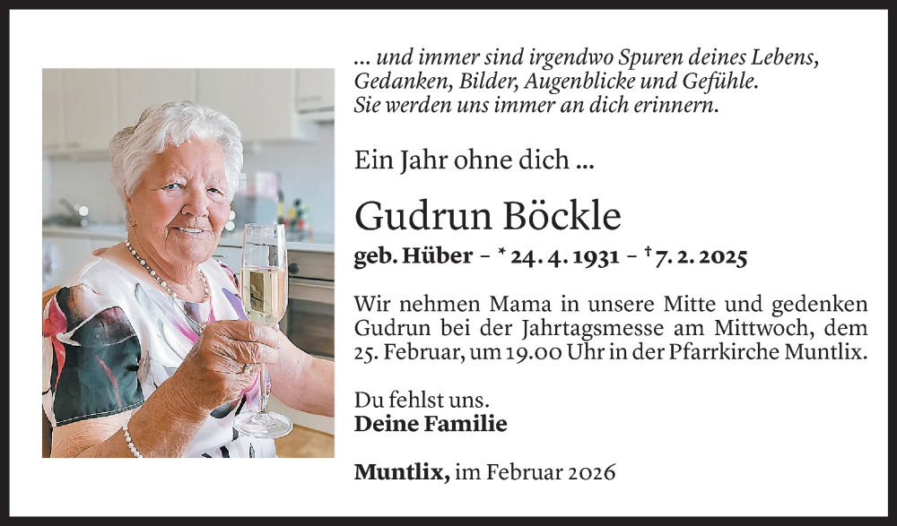  Todesanzeige für Gudrun Böckle vom 21.02.2026 aus Vorarlberger Nachrichten