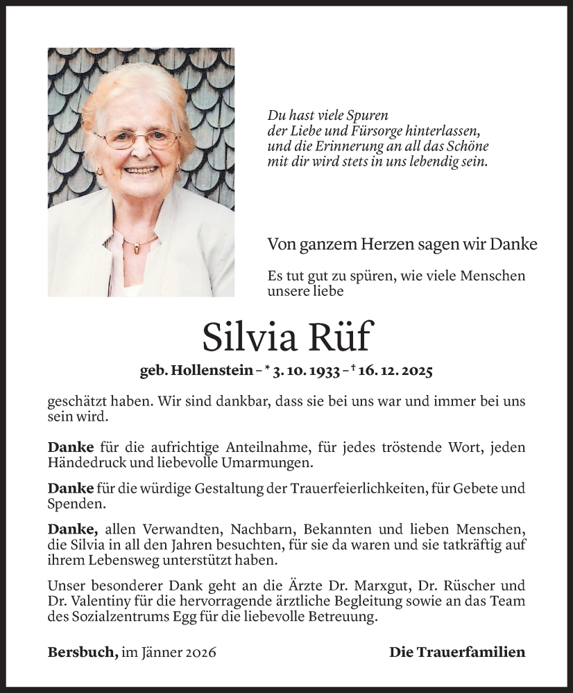  Todesanzeige für Silvia Rüf vom 25.01.2026 aus Vorarlberger nachrichten