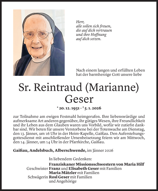 Todesanzeige von Reintraud Geser von Vorarlberger Nachrichten