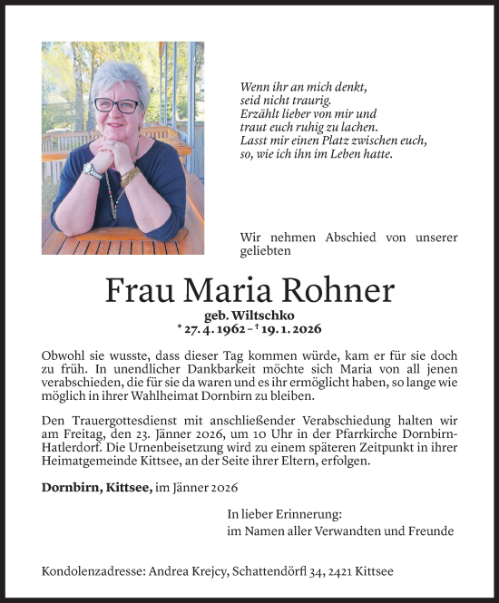 Todesanzeige von Maria Rohner von Vorarlberger Nachrichten