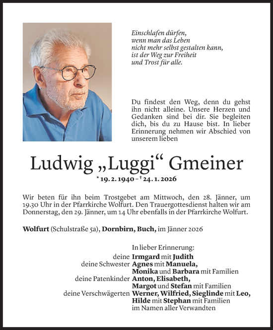 Todesanzeige von Ludwig Gmeiner von Vorarlberger Nachrichten