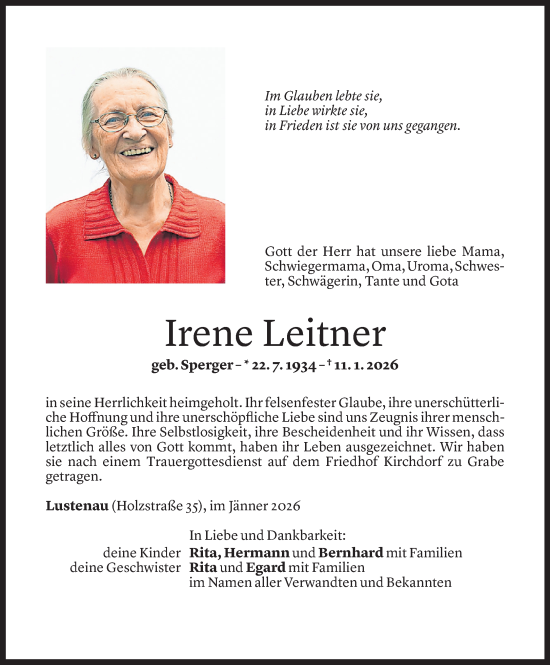 Todesanzeige von Irene Leitner von Vorarlberger Nachrichten