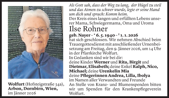 Todesanzeige von Ilse Rohner von Vorarlberger Nachrichten