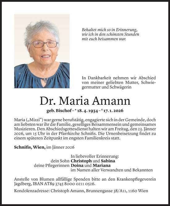 Todesanzeige von Maria Amann von Vorarlberger Nachrichten