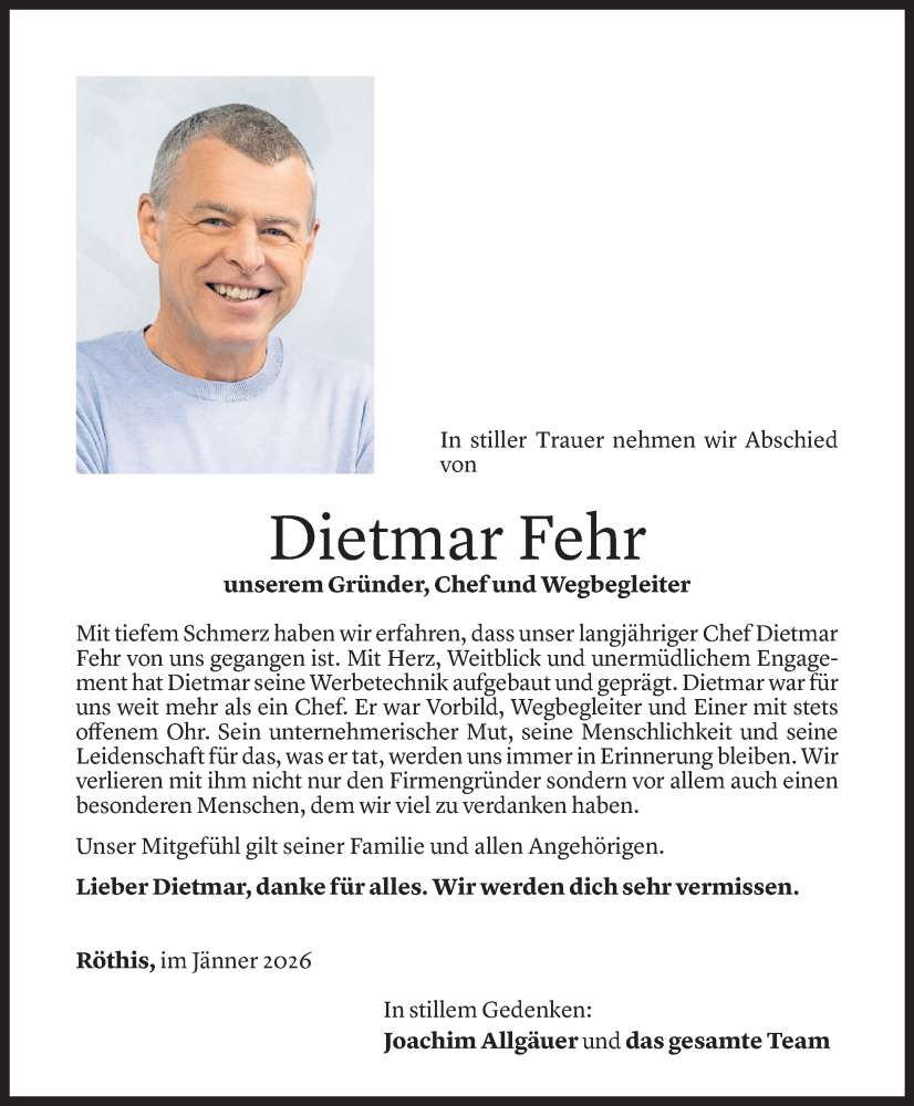  Todesanzeige für Dietmar Fehr vom 23.01.2026 aus Vorarlberger Nachrichten