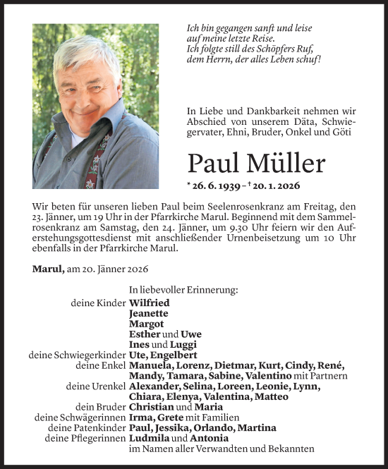 Todesanzeige von Paul Müller von Vorarlberger Nachrichten