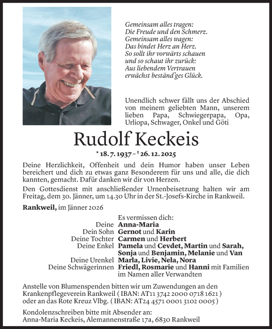 Todesanzeige von Rudolf Keckeis von Vorarlberger Nachrichten