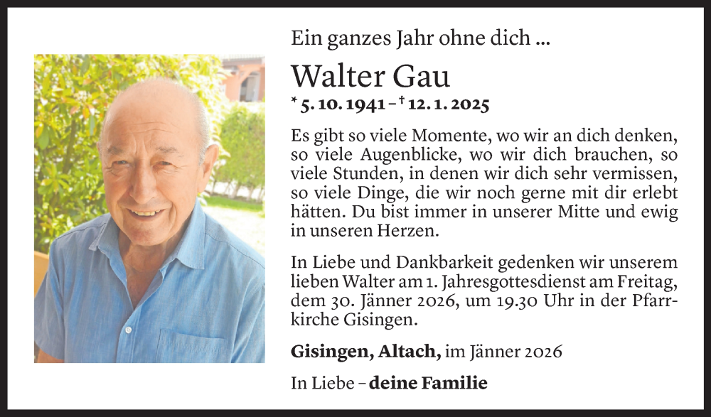  Todesanzeige für Walter Gau vom 26.01.2026 aus Vorarlberger Nachrichten