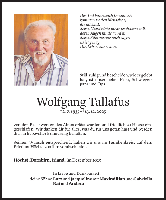 Todesanzeige von Wolfgang Tallafus von Vorarlberger Nachrichten