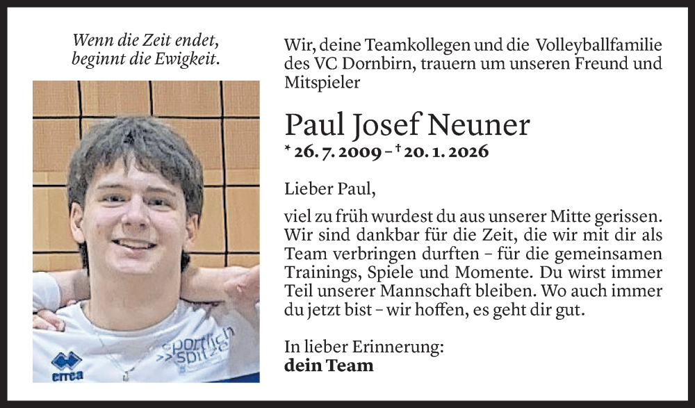  Todesanzeige für Paul Josef Neuner vom 26.01.2026 aus Vorarlberger Nachrichten