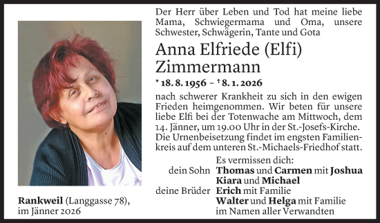 Todesanzeige von Anna Elfriede Zimmermann von Vorarlberger Nachrichten