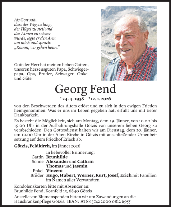 Todesanzeige von Georg Fend von Vorarlberger Nachrichten