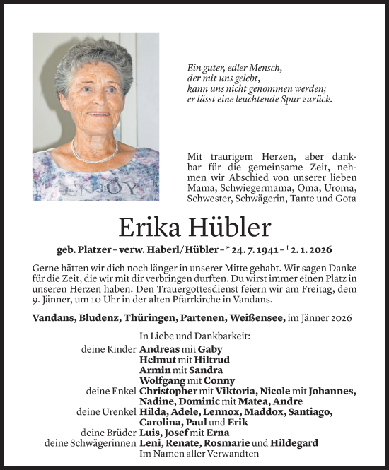 Todesanzeige von Erika Hübler von Vorarlberger Nachrichten