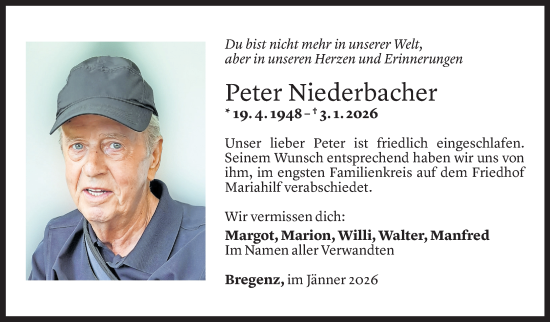 Todesanzeige von Peter Niederbacher von Vorarlberger Nachrichten