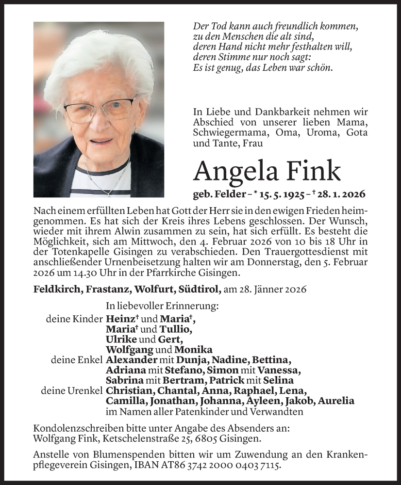  Todesanzeige für Angela Fink vom 29.01.2026 aus Vorarlberger Nachrichten