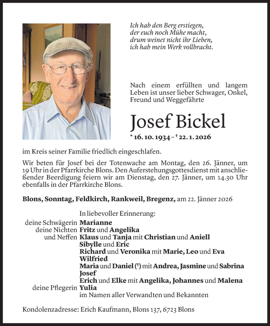 Todesanzeige von Josef Bickel von Vorarlberger Nachrichten
