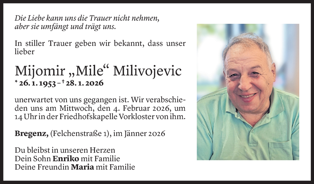  Todesanzeige für Mijomir Milivojevic vom 30.01.2026 aus Vorarlberger Nachrichten