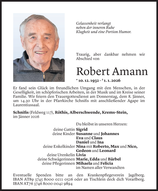 Todesanzeige von Robert Amann von Vorarlberger Nachrichten