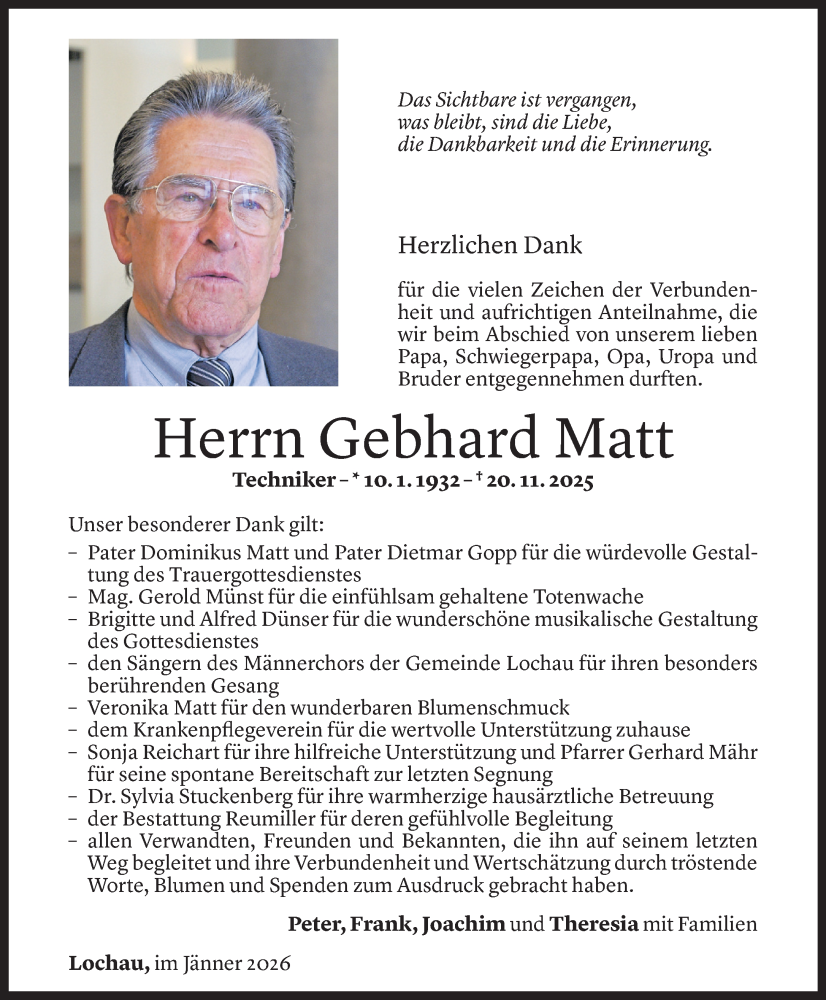 Todesanzeige für Gebhard Matt vom 08.01.2026 aus Vorarlberger Nachrichten