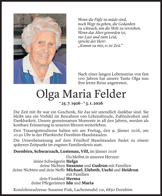 Todesanzeige von Olga Maria Felder von Vorarlberger Nachrichten