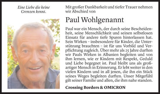 Todesanzeige von Paul Wohlgenannt von Vorarlberger Nachrichten