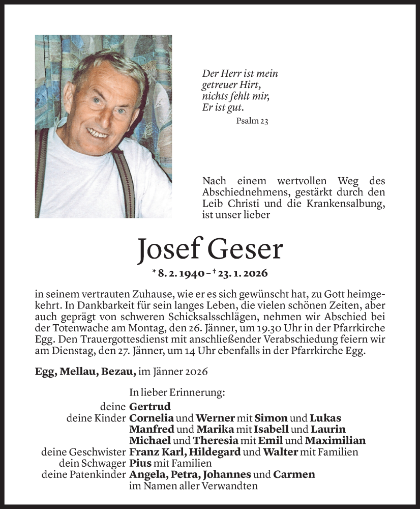  Todesanzeige für Josef Geser vom 25.01.2026 aus Vorarlberger nachrichten