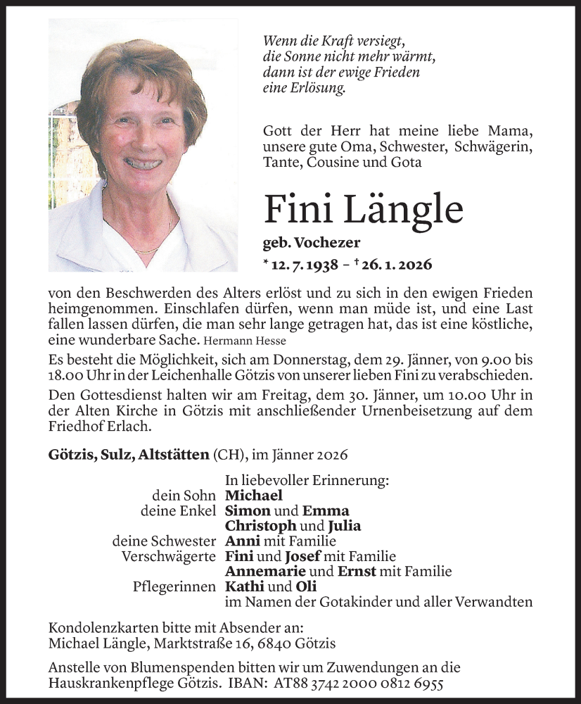  Todesanzeige für Fini Längle vom 27.01.2026 aus vn