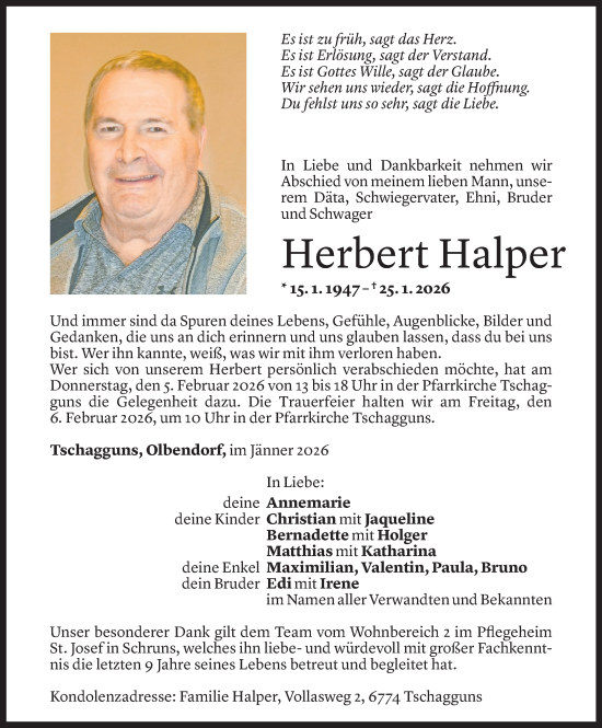 Todesanzeige von Herbert Halper von Vorarlberger Nachrichten