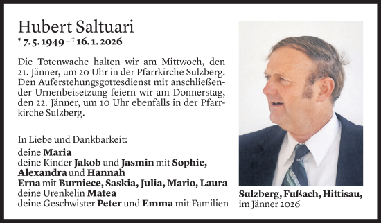 Todesanzeige von Hubert Saltuari von Vorarlberger Nachrichten