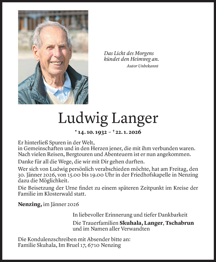 Todesanzeige für Ludwig Langer vom 23.01.2026 aus Vorarlberger Nachrichten