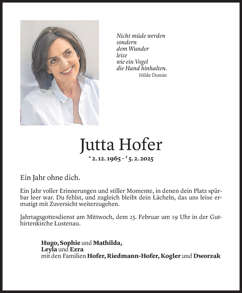  Todesanzeige für Jutta Hofer vom 30.01.2026 aus Vorarlberger Nachrichten