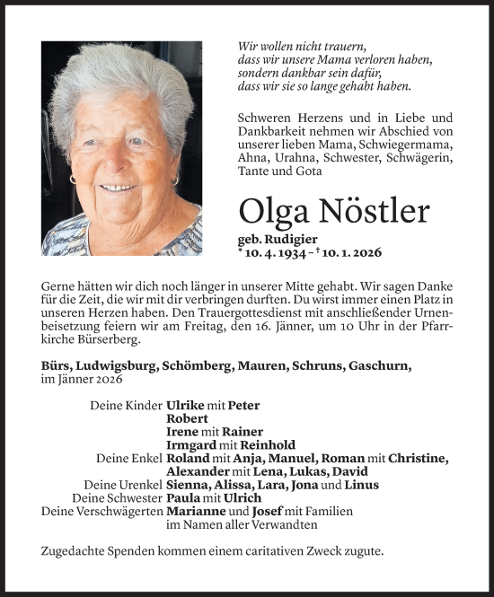 Todesanzeige von Olga Nöstler von Vorarlberger Nachrichten